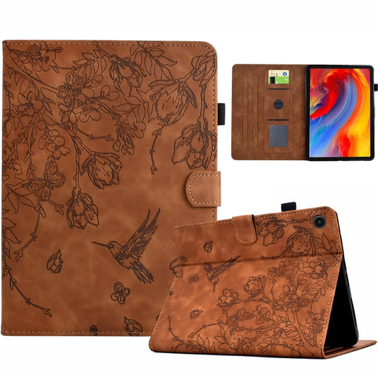 For Samsung Galaxy Tab A11 / A9 Flowers and Bird Embossed Leather Tablet Case(Brown) by bashfashion