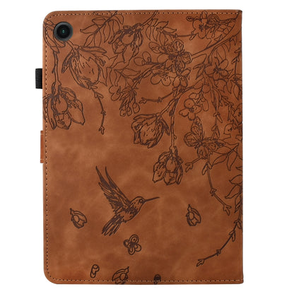 For Samsung Galaxy Tab A11 / A9 Flowers and Bird Embossed Leather Tablet Case(Brown) by bashfashion