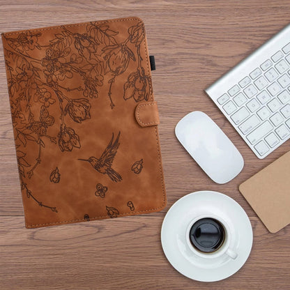For Samsung Galaxy Tab A11 / A9 Flowers and Bird Embossed Leather Tablet Case(Brown) by bashfashion