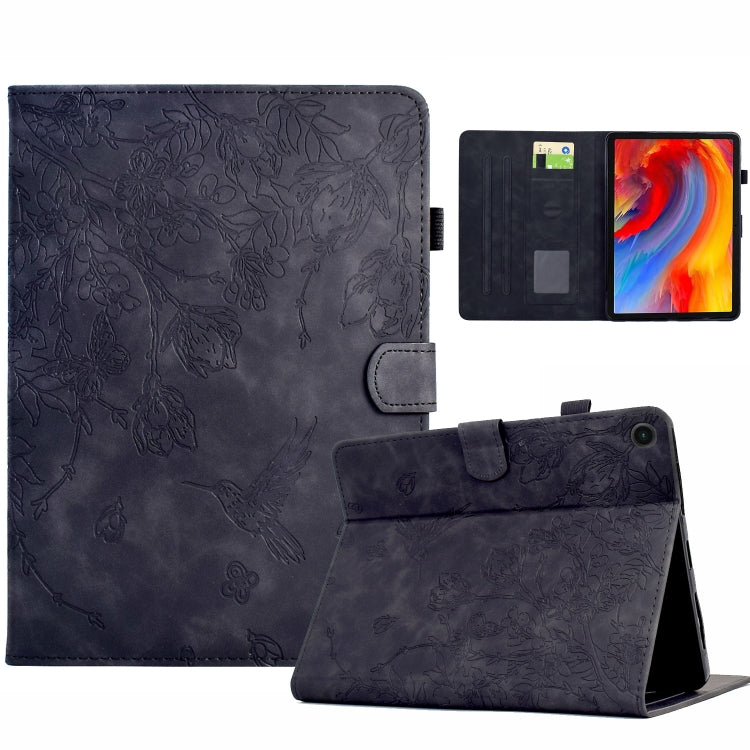 For Samsung Galaxy Tab A11 / A9 Flowers and Bird Embossed Leather Tablet Case(Black) by bashfashion
