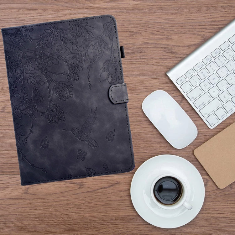 For Samsung Galaxy Tab A11 / A9 Flowers and Bird Embossed Leather Tablet Case(Black) by bashfashion