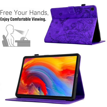 For Samsung Galaxy Tab A11 / A9 Flowers and Bird Embossed Leather Tablet Case(Purple) by bashfashion