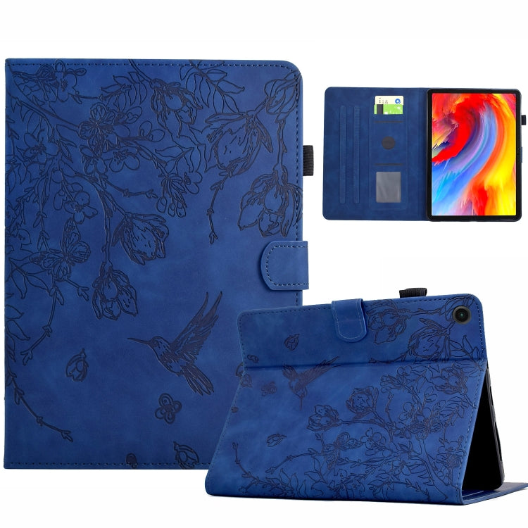 For Samsung Galaxy Tab A11 / A9 Flowers and Bird Embossed Leather Tablet Case(Dark Blue) by bashfashion
