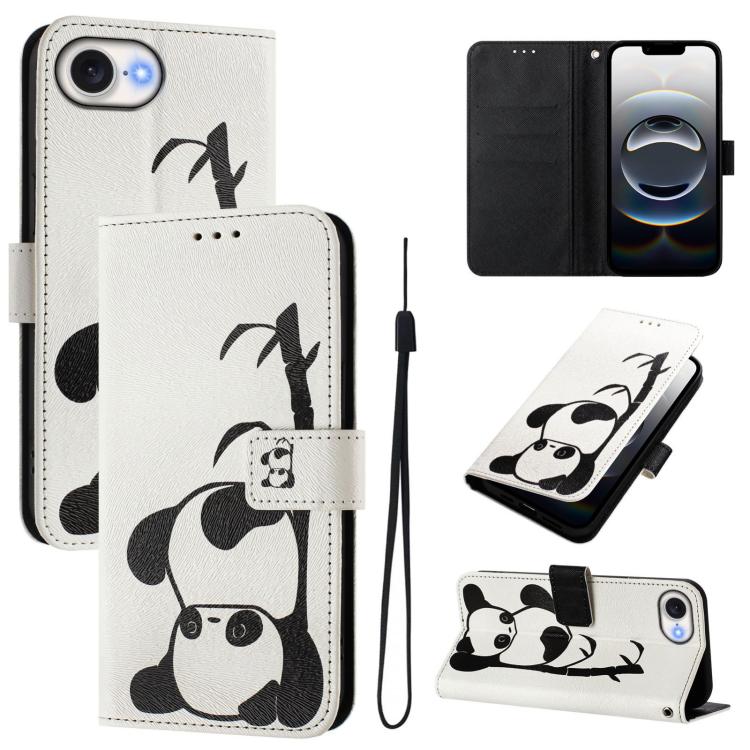 For iPhone 16e Art Colored Drawing Pattern Leather Phone Case(Panda) by bashfashion