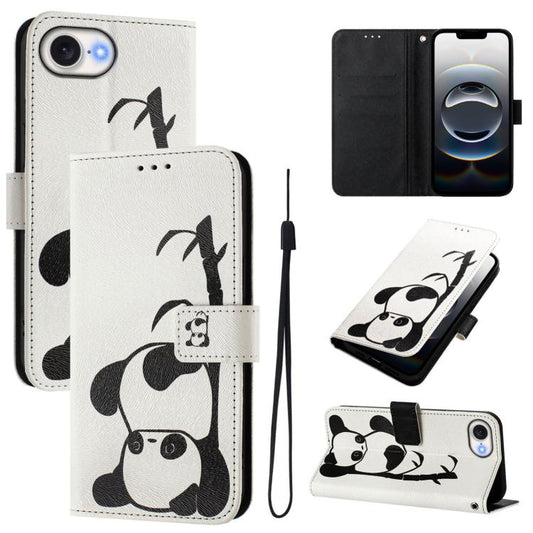 For iPhone 16e Art Colored Drawing Pattern Leather Phone Case(Panda) by bashfashion