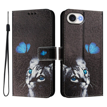 For iPhone 16e Art Colored Drawing Pattern Leather Phone Case(Butterfly cat) by bashfashion