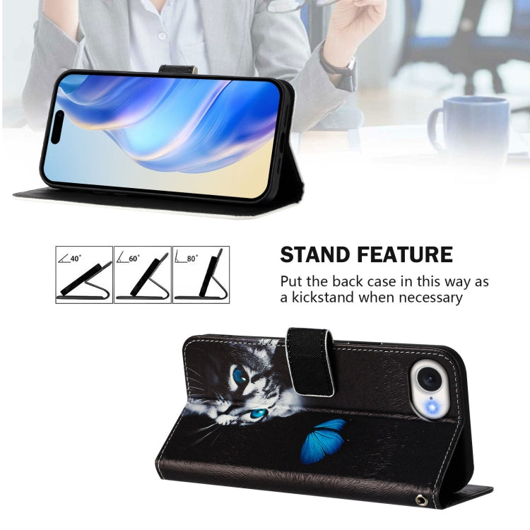 For iPhone 16e Art Colored Drawing Pattern Leather Phone Case(Butterfly cat) by bashfashion