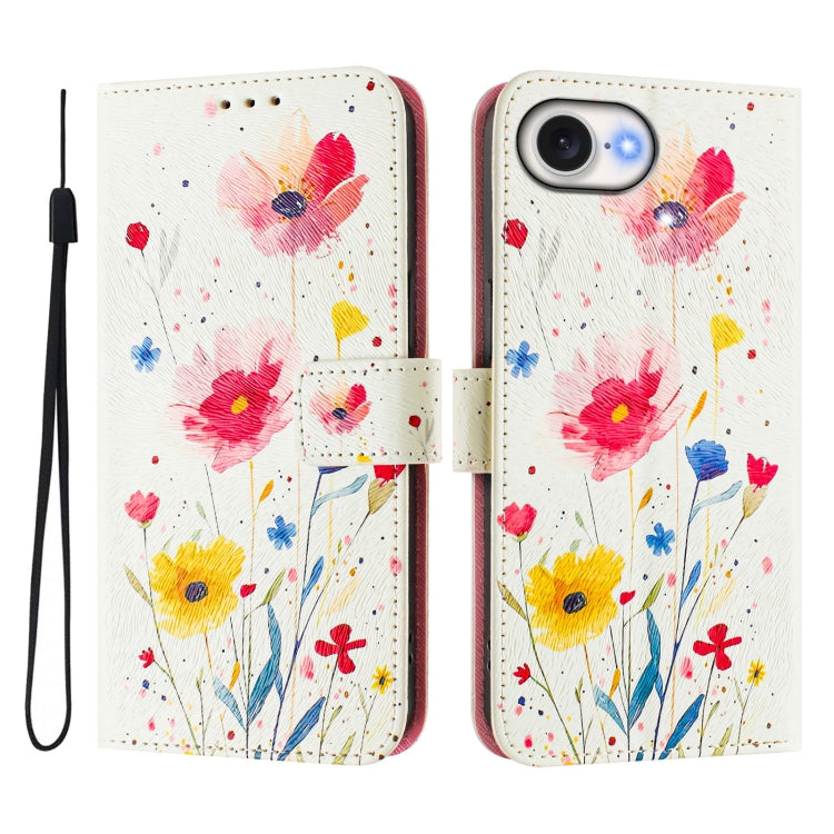 For iPhone 16e Art Colored Drawing Pattern Leather Phone Case(Flowers and plants) by bashfashion