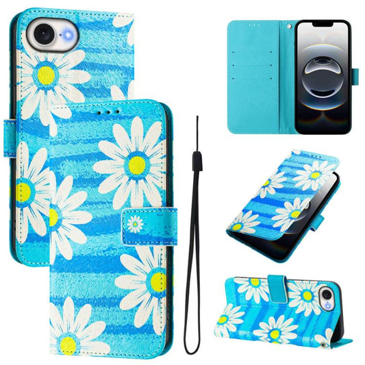For iPhone 16e Art Colored Drawing Pattern Leather Phone Case(Blue daisy) by bashfashion