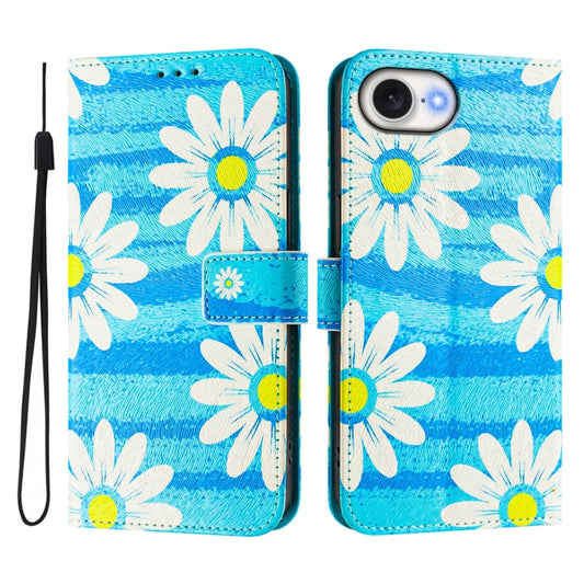 For iPhone 16e Art Colored Drawing Pattern Leather Phone Case(Blue daisy) by bashfashion
