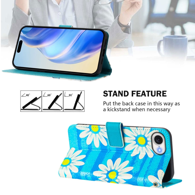 For iPhone 16e Art Colored Drawing Pattern Leather Phone Case(Blue daisy) by bashfashion