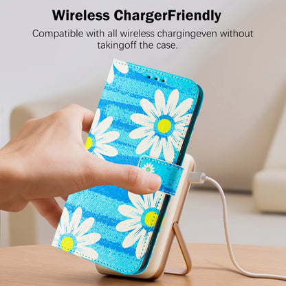 For iPhone 16e Art Colored Drawing Pattern Leather Phone Case(Blue daisy) by bashfashion