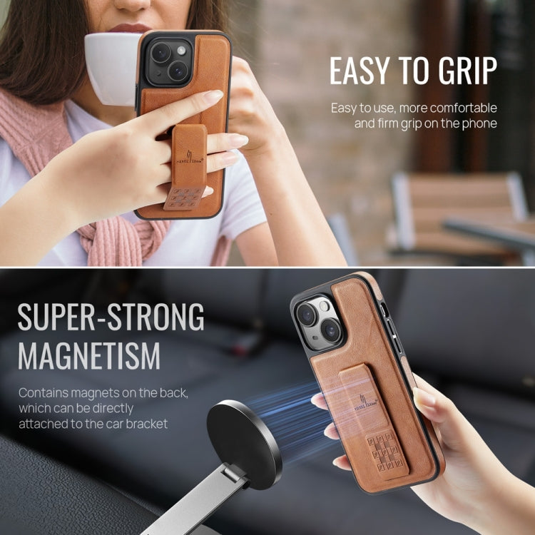 For iPhone 14 Fierre Shann Oil Wax Cow Leather Holder Back Phone Case(Brown) by FIERRE SHANN