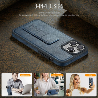 For iPhone 14 Pro Fierre Shann Oil Wax Cow Leather Holder Back Phone Case(Blue) by FIERRE SHANN