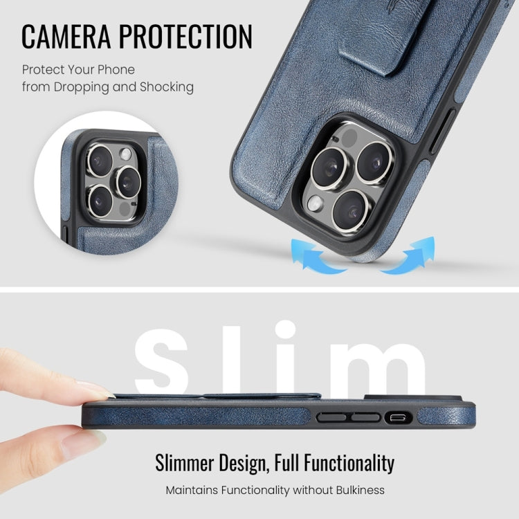 For iPhone 14 Pro Fierre Shann Oil Wax Cow Leather Holder Back Phone Case(Blue) by FIERRE SHANN