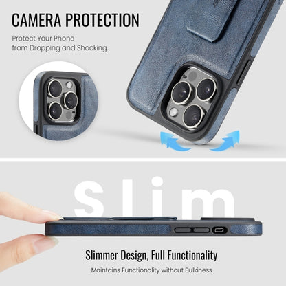 For iPhone 14 Pro Fierre Shann Oil Wax Cow Leather Holder Back Phone Case(Blue) by FIERRE SHANN