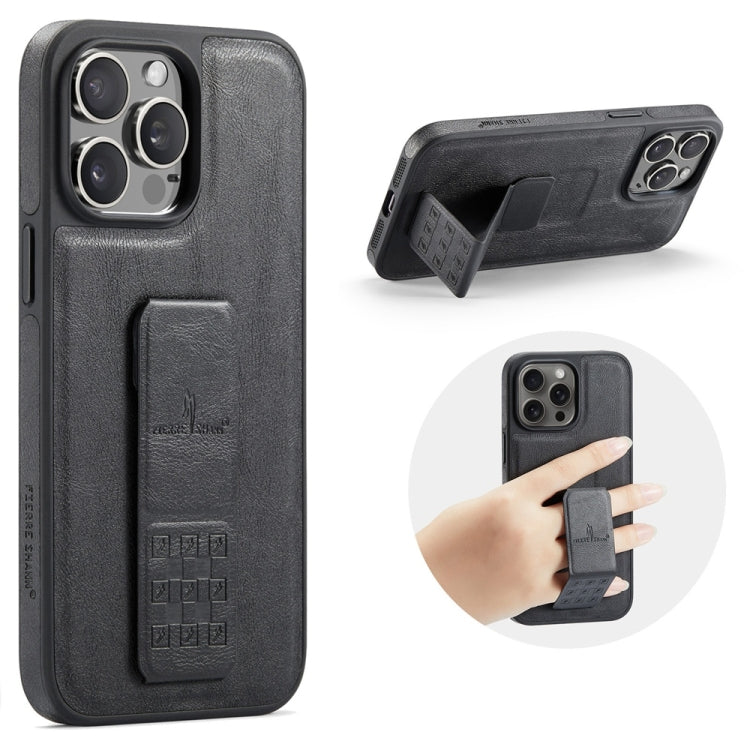 For iPhone 13 Pro Fierre Shann Oil Wax Cow Leather Holder Back Phone Case(Black) by FIERRE SHANN