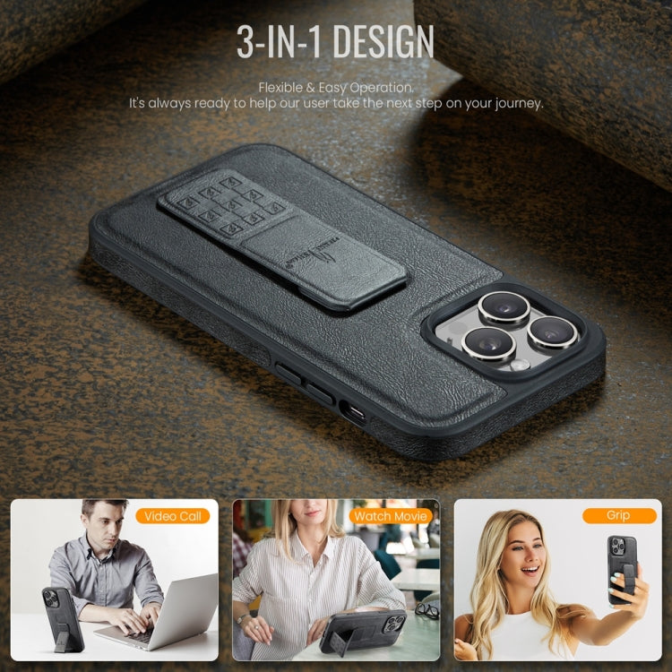 For iPhone 13 Pro Fierre Shann Oil Wax Cow Leather Holder Back Phone Case(Black) by FIERRE SHANN