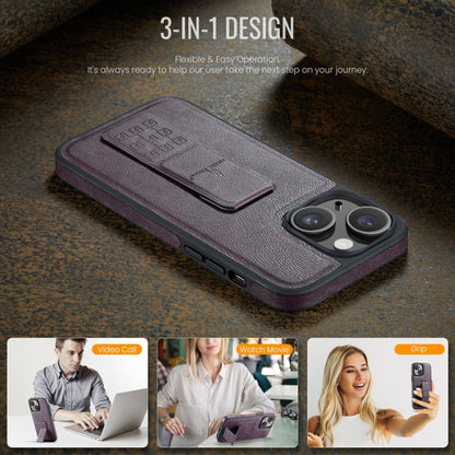 For iPhone 13 Fierre Shann Oil Wax Cow Leather Holder Back Phone Case(Purple) by FIERRE SHANN