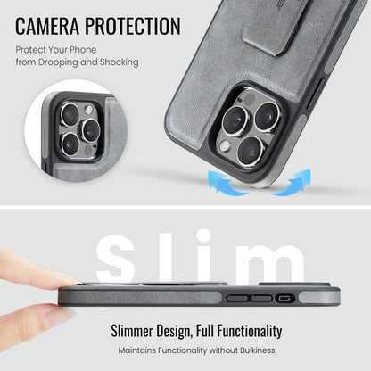 For iPhone 12 Pro Max Fierre Shann Oil Wax Cow Leather Holder Back Phone Case(Grey) by FIERRE SHANN