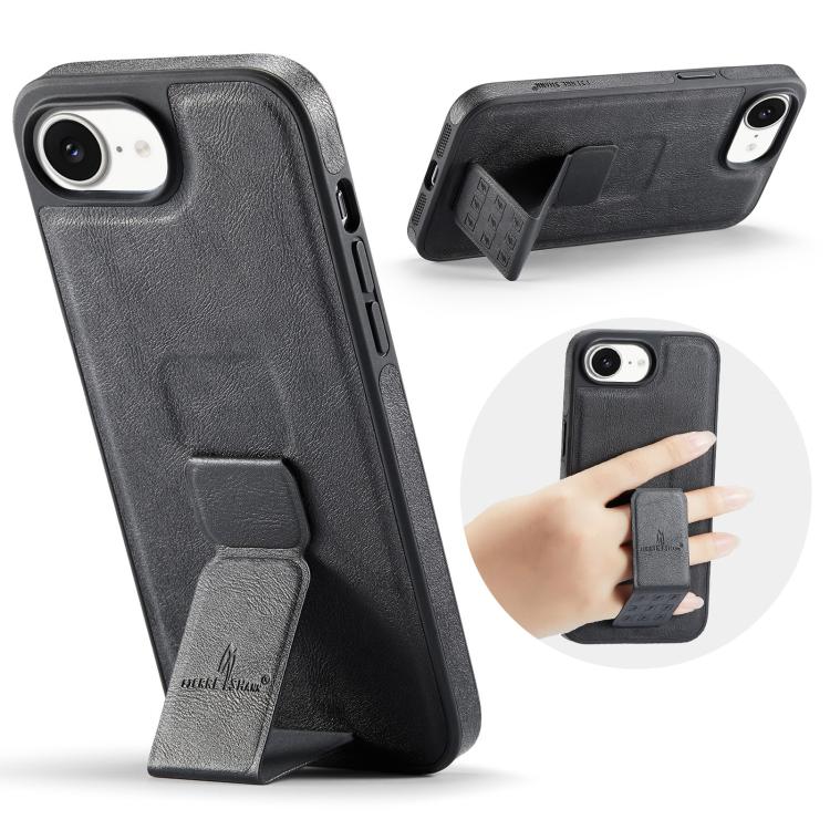 For iPhone 16e Fierre Shann Oil Wax Cow Leather Holder Back Phone Case(Black) by FIERRE SHANN