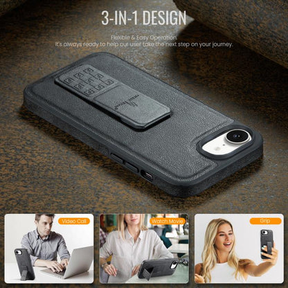 For iPhone 16e Fierre Shann Oil Wax Cow Leather Holder Back Phone Case(Black) by FIERRE SHANN