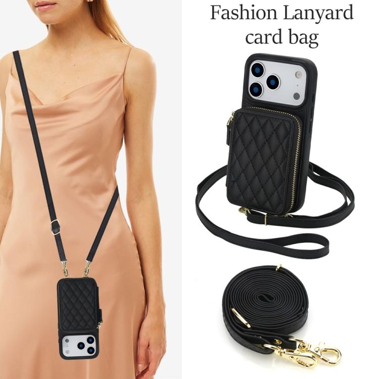 For iPhone 17 Pro Max AwQuer Crossbody Zipper Wallet Rhombic Leather Back Phone Case(Black) by Awquer