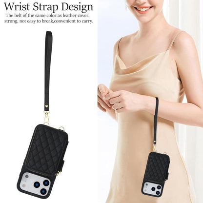 For iPhone 17 Pro Max AwQuer Crossbody Zipper Wallet Rhombic Leather Back Phone Case(Black) by Awquer