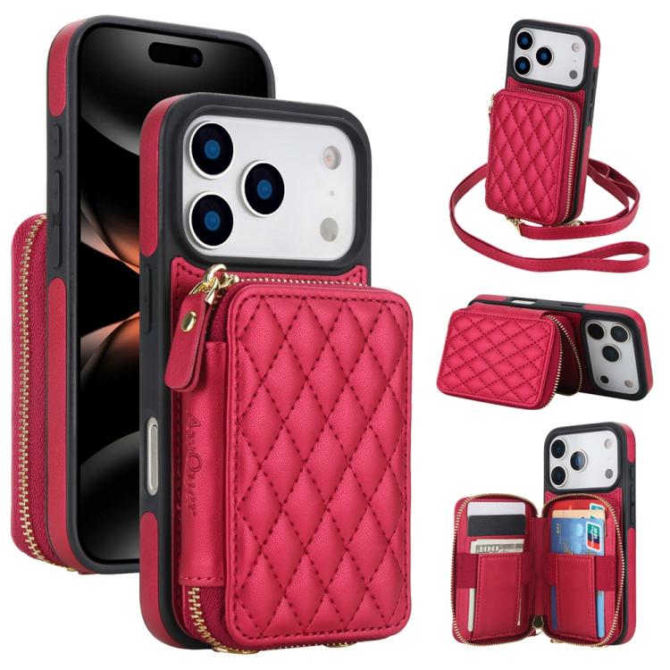 For iPhone 17 Pro Max AwQuer Crossbody Zipper Wallet Rhombic Leather Back Phone Case(Red) by Awquer