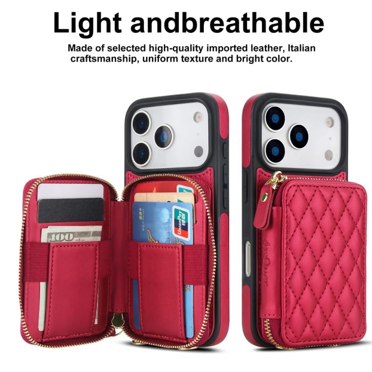 For iPhone 17 Pro Max AwQuer Crossbody Zipper Wallet Rhombic Leather Back Phone Case(Red) by Awquer