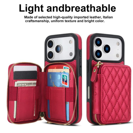 For iPhone 17 Pro Max AwQuer Crossbody Zipper Wallet Rhombic Leather Back Phone Case(Red) by Awquer