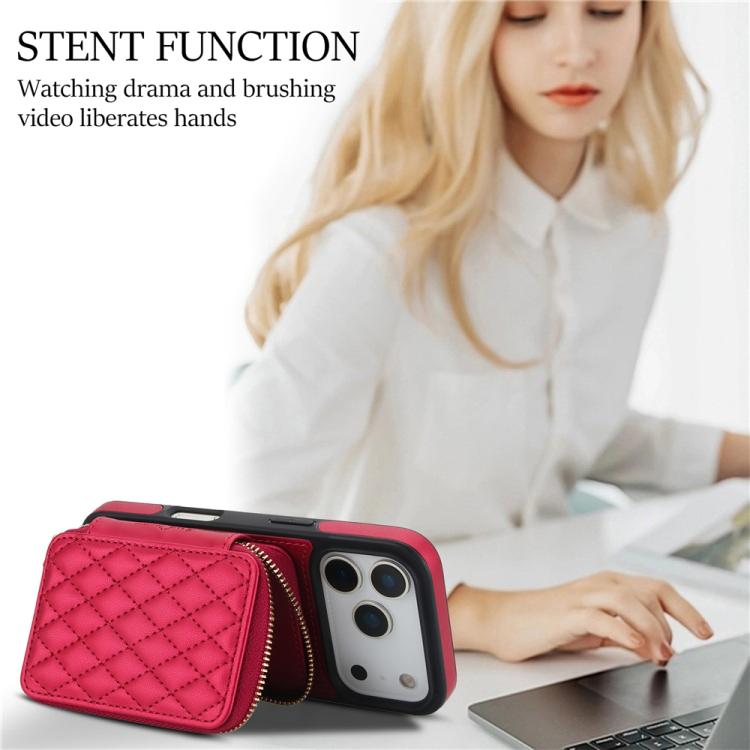 For iPhone 17 Pro Max AwQuer Crossbody Zipper Wallet Rhombic Leather Back Phone Case(Red) by Awquer