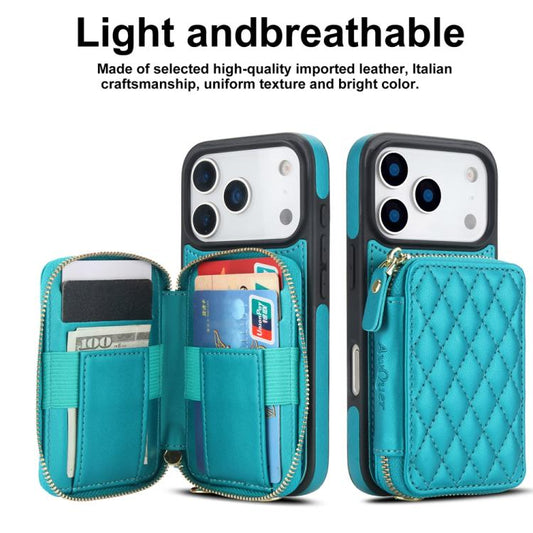 For iPhone 17 Pro Max AwQuer Crossbody Zipper Wallet Rhombic Leather Back Phone Case(Green) by Awquer