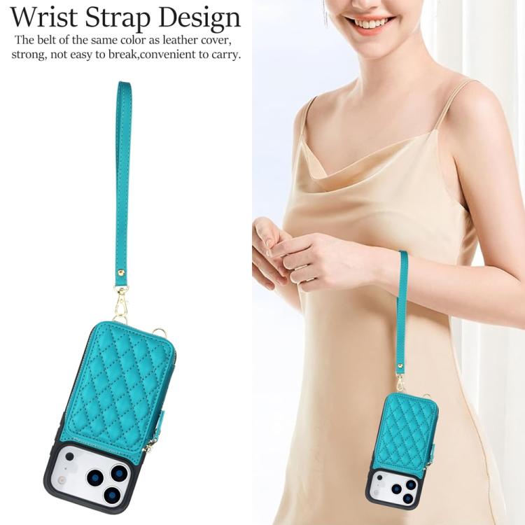 For iPhone 17 Pro Max AwQuer Crossbody Zipper Wallet Rhombic Leather Back Phone Case(Green) by Awquer