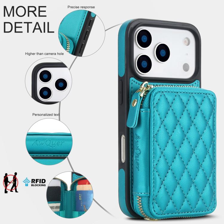 For iPhone 17 Pro Max AwQuer Crossbody Zipper Wallet Rhombic Leather Back Phone Case(Green) by Awquer