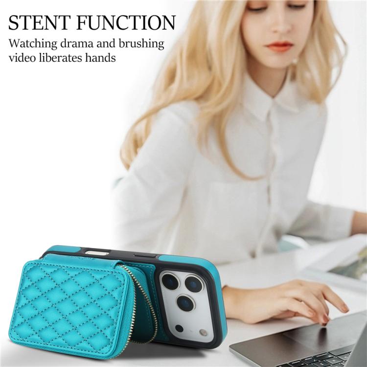 For iPhone 17 Pro Max AwQuer Crossbody Zipper Wallet Rhombic Leather Back Phone Case(Green) by Awquer