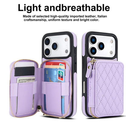 For iPhone 17 Pro Max AwQuer Crossbody Zipper Wallet Rhombic Leather Back Phone Case(Purple) by Awquer