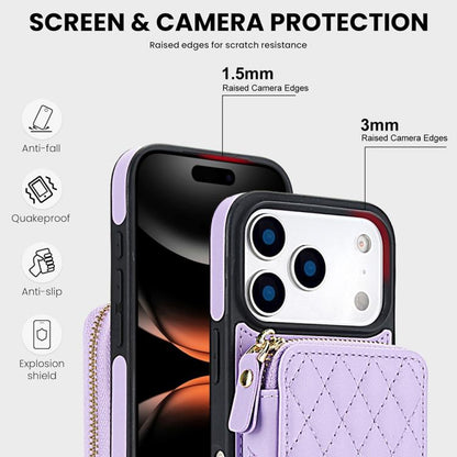 For iPhone 17 Pro Max AwQuer Crossbody Zipper Wallet Rhombic Leather Back Phone Case(Purple) by Awquer