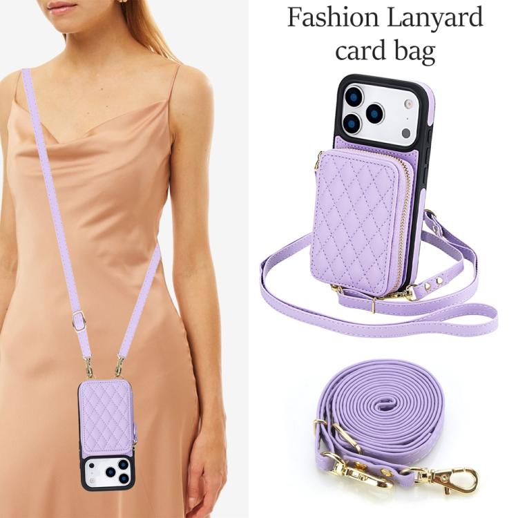 For iPhone 17 Pro Max AwQuer Crossbody Zipper Wallet Rhombic Leather Back Phone Case(Purple) by Awquer