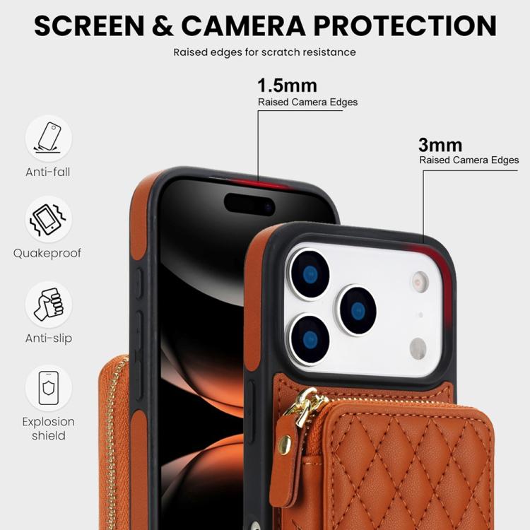 For iPhone 17 Pro Max AwQuer Crossbody Zipper Wallet Rhombic Leather Back Phone Case(Brown) by Awquer