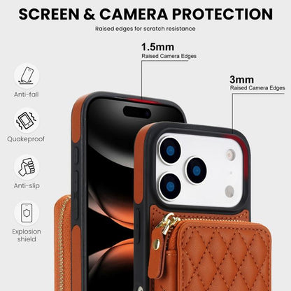For iPhone 17 Pro Max AwQuer Crossbody Zipper Wallet Rhombic Leather Back Phone Case(Brown) by Awquer