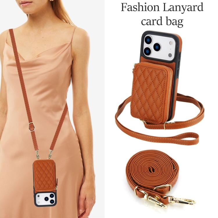 For iPhone 17 Pro Max AwQuer Crossbody Zipper Wallet Rhombic Leather Back Phone Case(Brown) by Awquer