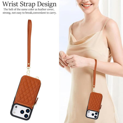 For iPhone 17 Pro Max AwQuer Crossbody Zipper Wallet Rhombic Leather Back Phone Case(Brown) by Awquer