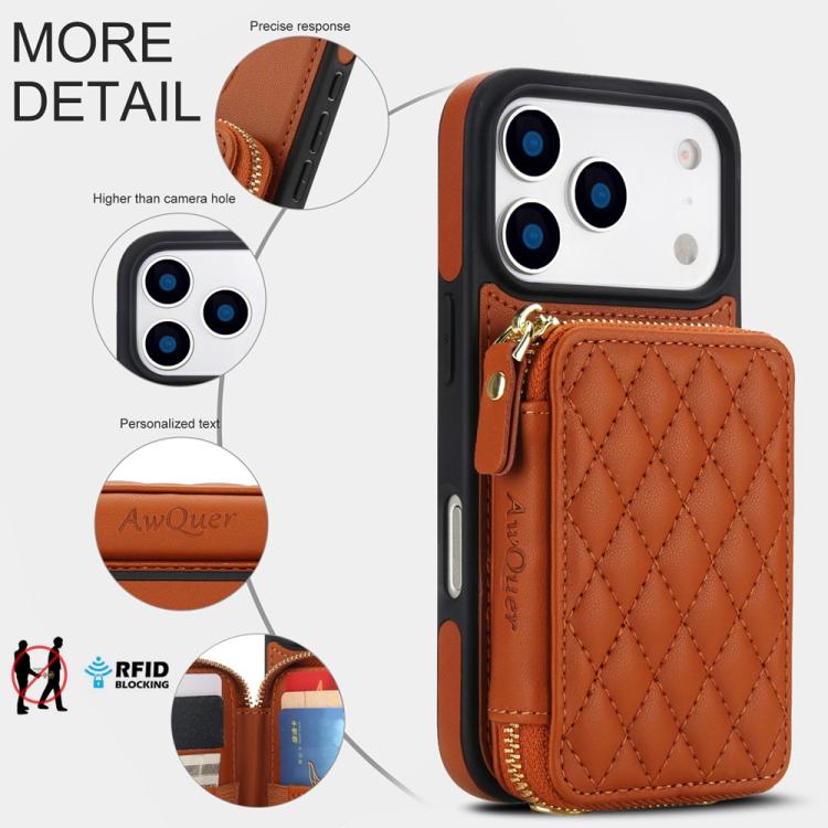 For iPhone 17 Pro Max AwQuer Crossbody Zipper Wallet Rhombic Leather Back Phone Case(Brown) by Awquer