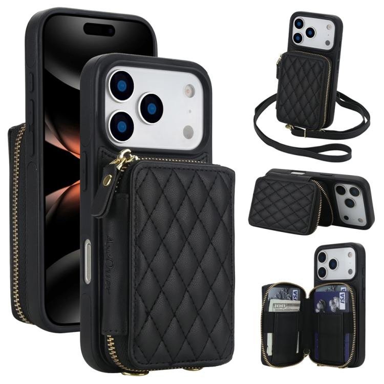 For iPhone 17 Pro AwQuer Crossbody Zipper Wallet Rhombic Leather Back Phone Case(Black) by Awquer
