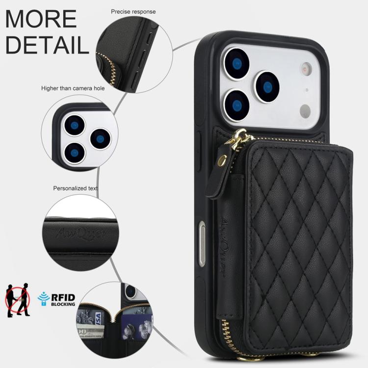 For iPhone 17 Pro AwQuer Crossbody Zipper Wallet Rhombic Leather Back Phone Case(Black) by Awquer