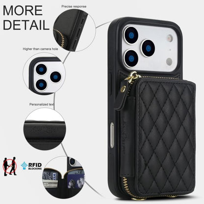 For iPhone 17 Pro AwQuer Crossbody Zipper Wallet Rhombic Leather Back Phone Case(Black) by Awquer