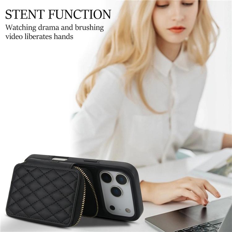 For iPhone 17 Pro AwQuer Crossbody Zipper Wallet Rhombic Leather Back Phone Case(Black) by Awquer