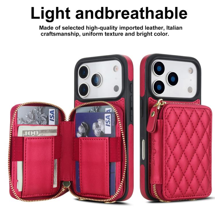 For iPhone 17 Pro AwQuer Crossbody Zipper Wallet Rhombic Leather Back Phone Case(Red) by Awquer
