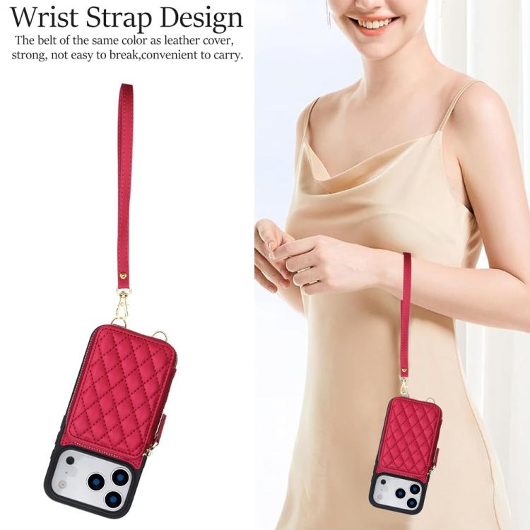 For iPhone 17 Pro AwQuer Crossbody Zipper Wallet Rhombic Leather Back Phone Case(Red) by Awquer